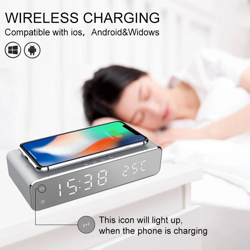 New Electric LED Alarm Clock With Mobile Phone Wireless Charger HD Clock Mirror With Time Memory Digital Thermometer Clock