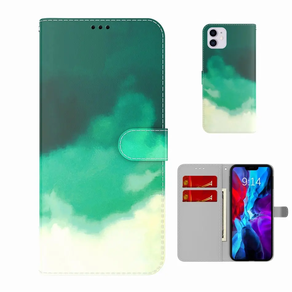 For Case OPPO A5 A9 2020 A52 A72 A92 A93 A94 A53 A33 A8 A31 2020 Watercolor Gradient Stand Phone Cover Flip Leather Wallet D26F