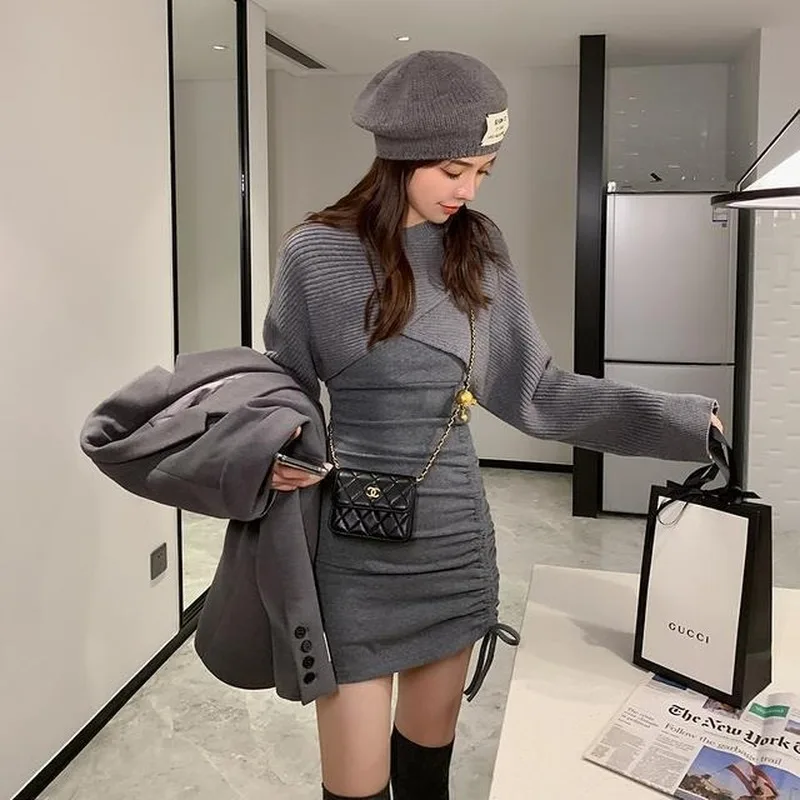 Elegant Vintage Knitted Dress Women Casual Sweater Suits Slim Y2k Mini Dress Party One Piece Dress Korean 2021 Winter Tracksuits