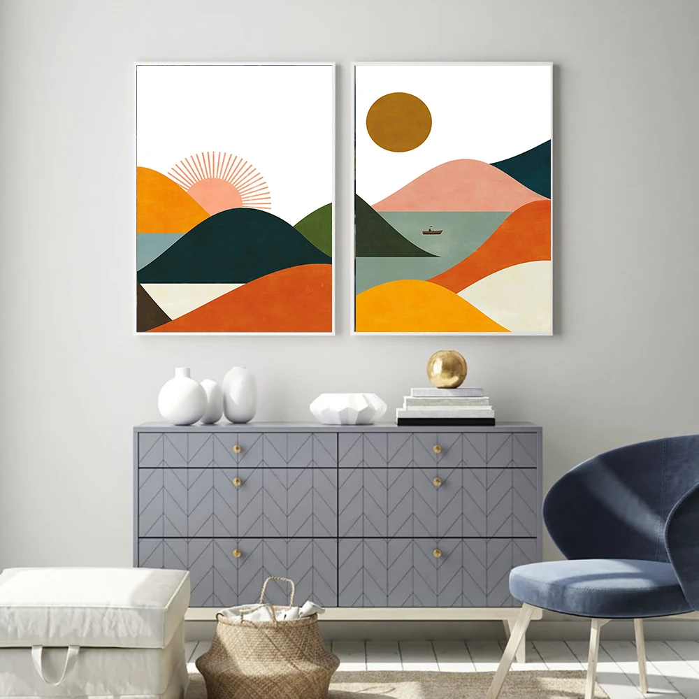 

Abstract Vintage Sun Moon Landscape Canvas Painting Posters Modern Wall Art Print Nordic Mount Line Wall Picture For Home Decor