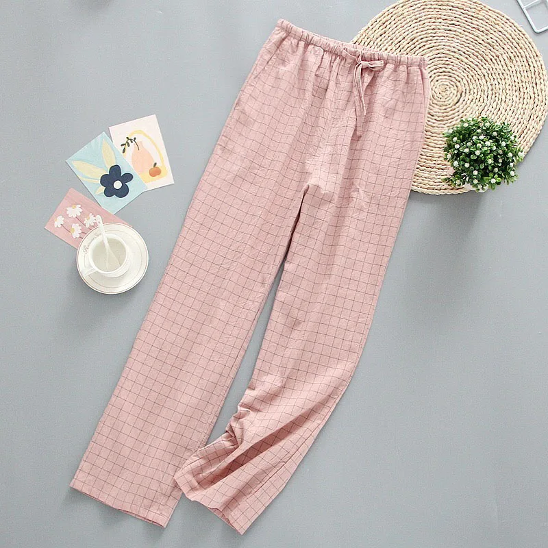 2022 Fall Women Simple Style Sleep Bottom Comfort Gauze Cotton Plaid Sleep Pants Ladies Loose Thin Elastic Waist  Homewear Pants