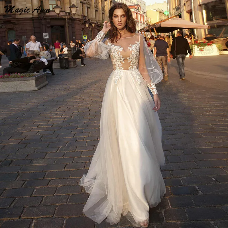 Vestido de noiva mágico, manga bufante, renda, ilusão, princesa, boho, praia, roupa de casamento