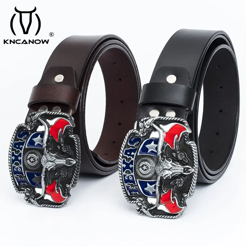 Cowboy Belts Men Wild Western Bull Skull Texas Usa Hip Hop Style Belt Metal Buckle Casual Pants Trend Cow Genuine Leather Strap