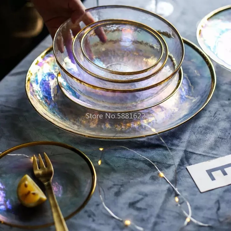 Rainbow Glass Dinner Plates Food Plates Desset Plate Cake Dish Salad Bowl Fruit Bowls Food Storage Glassware Dinnerware