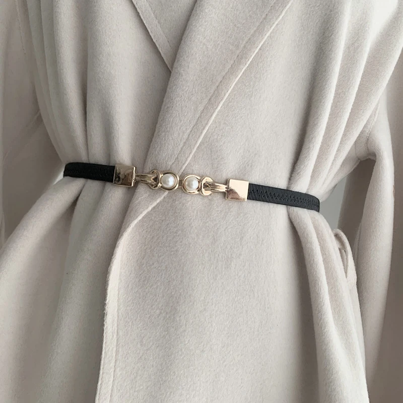 Women's Fine Elastic Belt Exquisite Stylish Pearl Double Buckle Belt Solid Color Simplicity All-match Belt Clothing Accessories