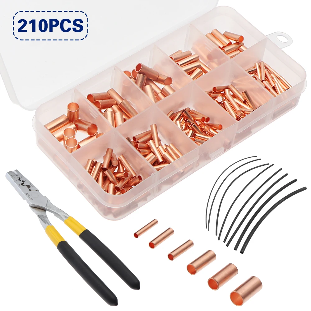 970/210pcs Small Copper Pipe Connection Joint Wire Copper Pipe Cable Crimp Terminal Lug Bushings Kit with Heat Shrink Tube Plier