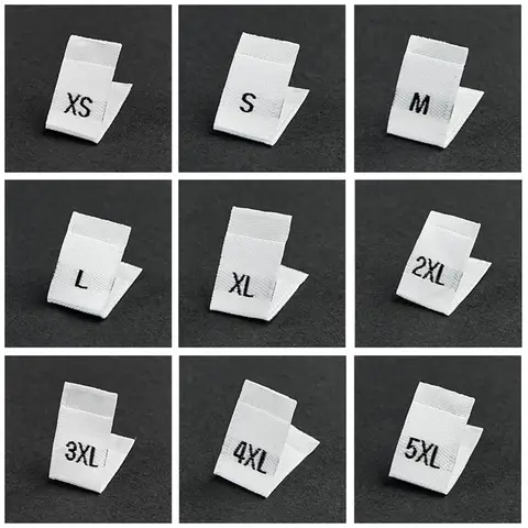 500Pcs Clothing Size Label Black Text White Garment Clothes T Shirt Dress Cloth Fabric Label Tag XS S M L XL 2XL 3XL 4XL 34*12mm