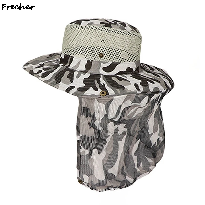 Sombrero de pesca de ala ancha para hombre, gorra de malla transpirable, sombreros de playa de camuflaje, protección solar UV, sombra