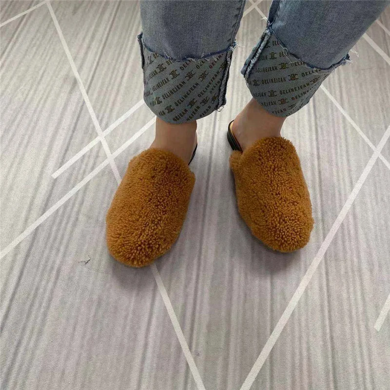 2021 New Fashion Spring Summer Women\'s Fur Mules Round Toe Lamb Wool Slippers Baotou Flat Heels Half Slippers