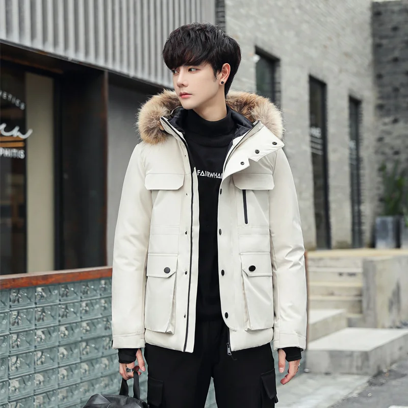 Men\'s Down Jacket Coat Raccoon Fur Collar Outdoor Casual Autumn Winter Trend Harajuku Thicken And Warm All-Match Fashion Loose