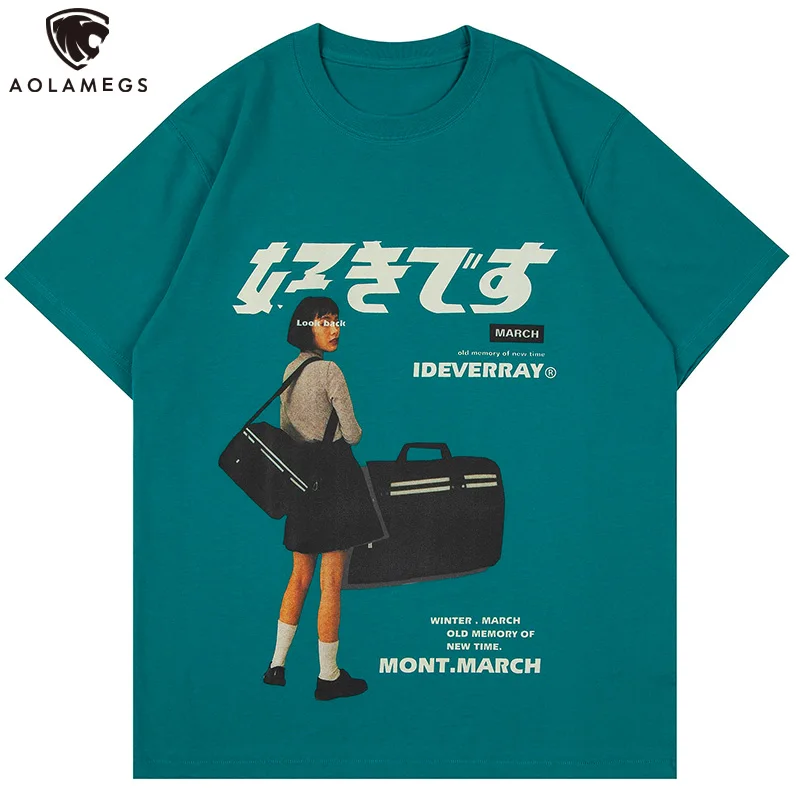 Aolamegs Japanese Harajuku Girl Kanji Print T-shirt Men College Style Streetwear Men Vintage Fashion High Street Tops Tee Summer