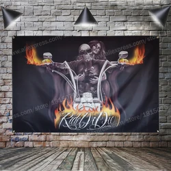 Skull Flames Tattoo Biker Flag Banner Sexy Lady Beauty Art Home Decoration Hanging Flag 4 Gromments In Corners 3*5FT 90*150cm