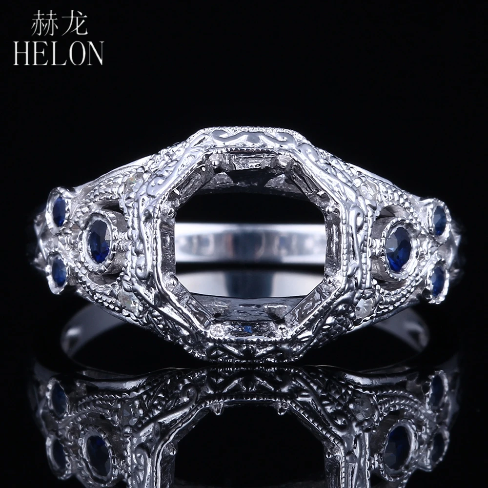 

HELON 7-7.5mm Round Solid 14K White Gold 0.3ct Natural Diamonds & Sapphires Trendy Vintage Jewelry Semi Mount Engagement Ring