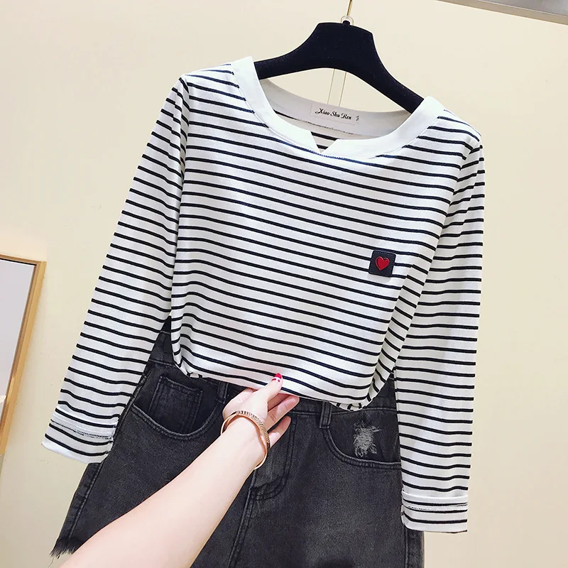 2022 Women Striped T Shirts Long Sleeve 95% Cotton Tops Casual Women Autumn T Shirts Tops Women TopsPull Femme