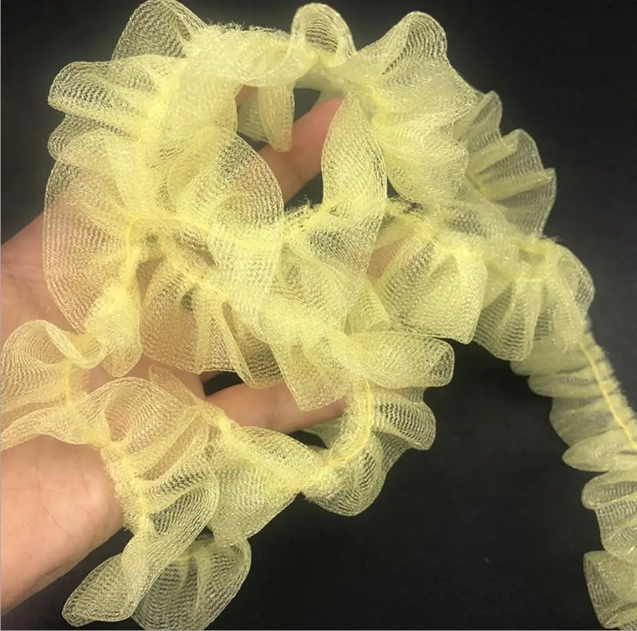 50Yards Yellow Ruffle Pleated Chiffon Lace Trim Fabric Embroidered Applique Sewing Craft Wedding Bridal Dress Party Decoration