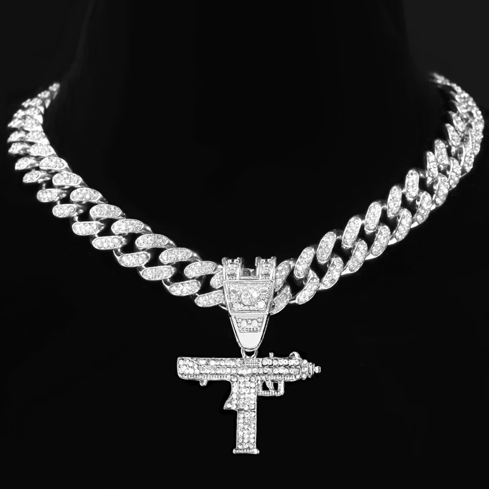 Hip Hop Iced Out UZI Gun Pendant Cuban Necklace Women Men 13mm Width Miami Cuban Link Choker Necklaces Chain Rock Jewelry Gifts