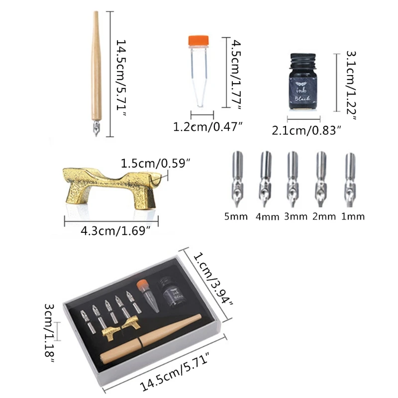 Wooden Calligraphy Dip Pen + 5 Nibs Ink Kit Gift Box  Set