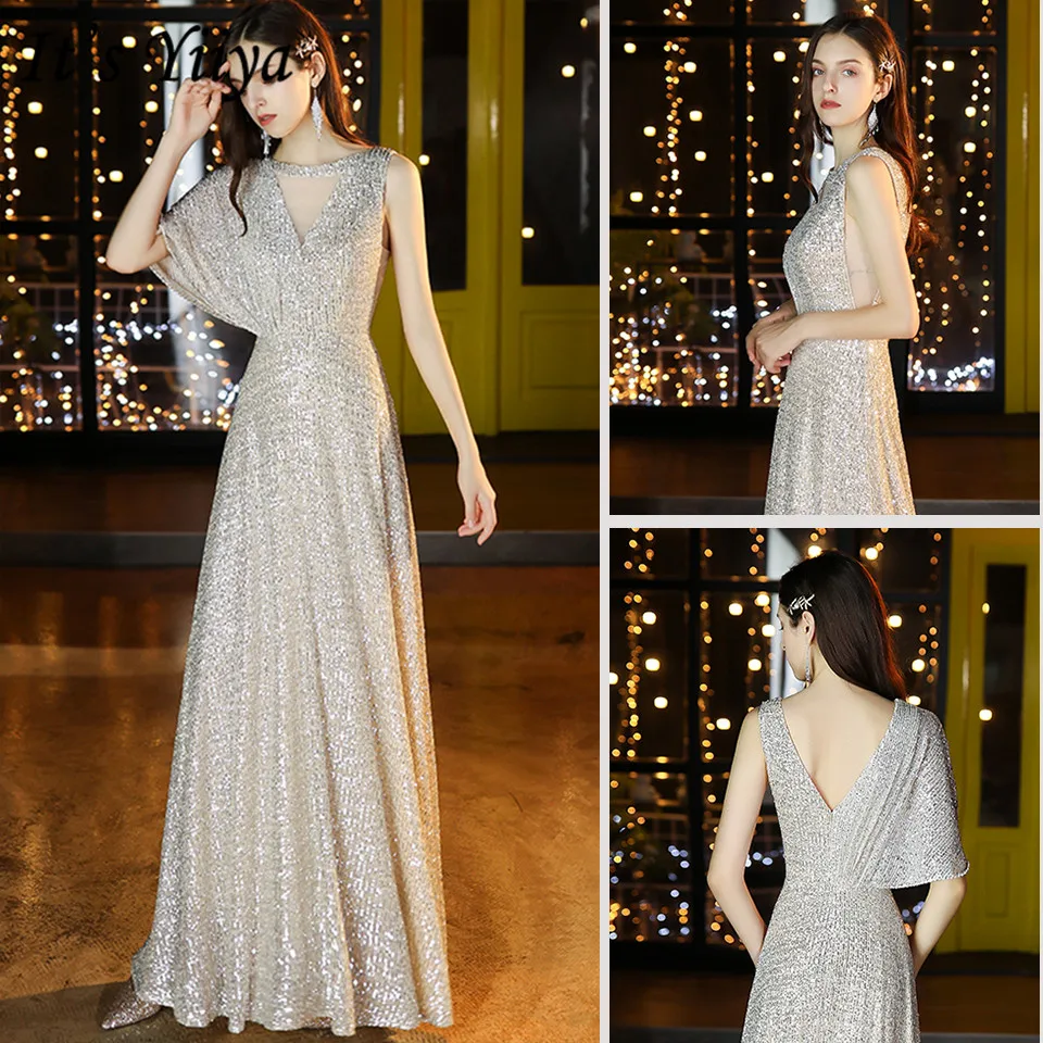 

It's Yiiya Formal Gowns Half Sleeve Plus Size Floor-Length Sequined Robe De Soiree K006 O-Neck A-Line One Shoulder Evening Dress