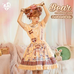 Bear Lolita Strap Printing Strap Dress Sweet Kawaii Girl Vintage Lace Bowknot High Waist Victorian Dress Cosplay Cos Loli