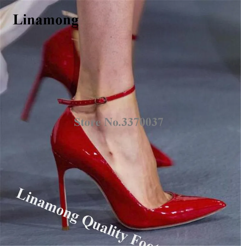 

Linamong Elegant Fashion Pointed Toe Patent Leather Stiletto Heel Pumps Red Sexu Ankle Strap High Heels Formal Wedding Shoes