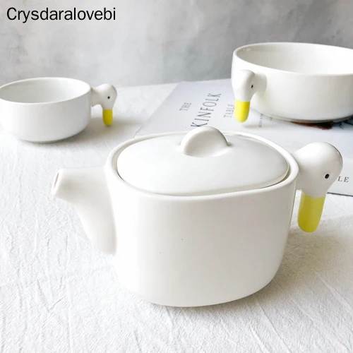 White Duck Ceramic Plates Tableware Hand Made Duckling Tableware Teapot Coffee Cup Mug Dessert Dishes Dinnerware Set