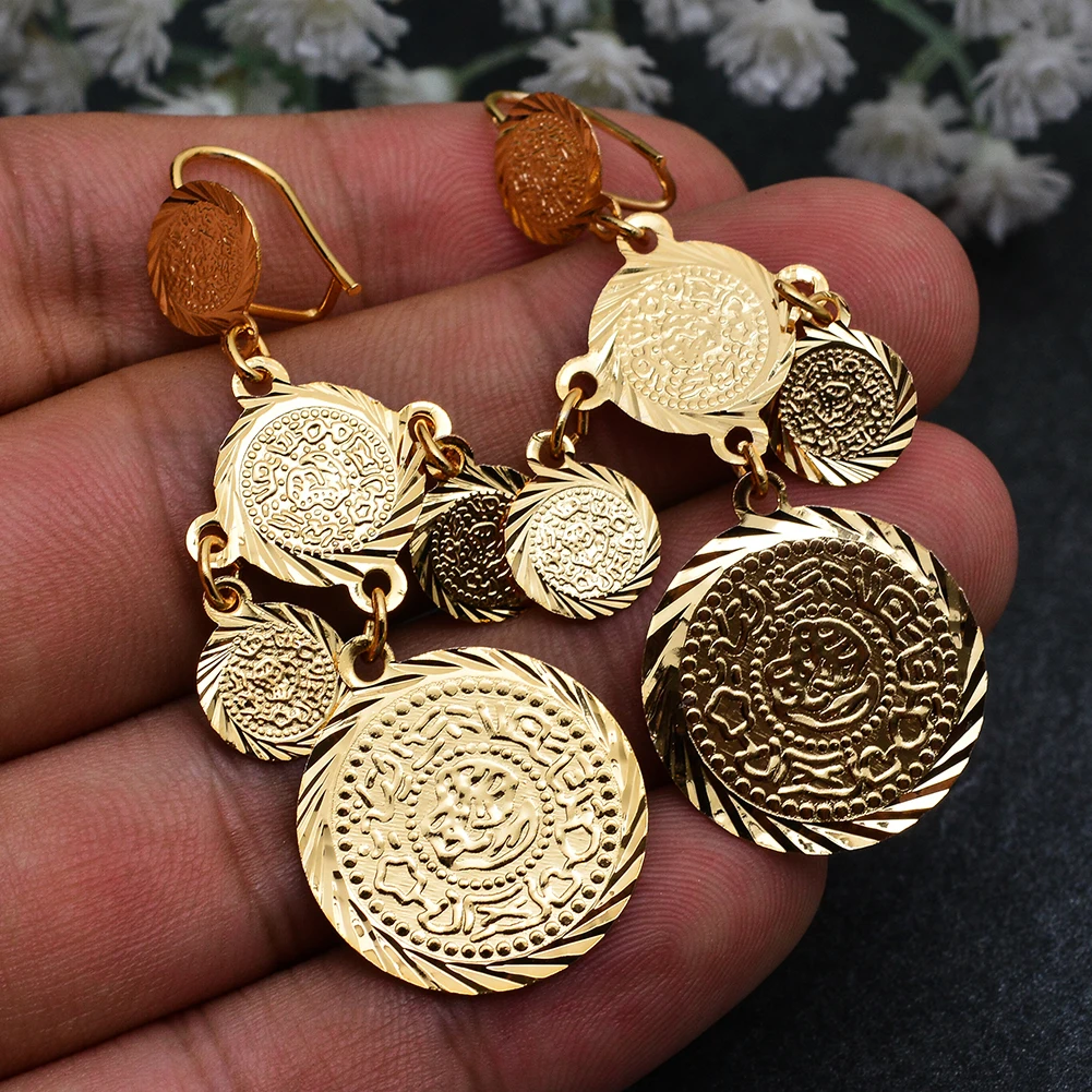 WANDO  Coin Dangle Trendy Earrings For Women Gold Color Women Fashion coins Jewelry Wholesale Round Dangle Drop Earrings