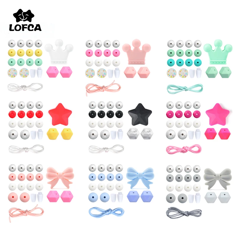 LOFCA Silicone Beads Set Rodent Food Grade BPA Free DIY Accessories Set Pacifier Chain Clips Crown Star Cartoon Holder Chain