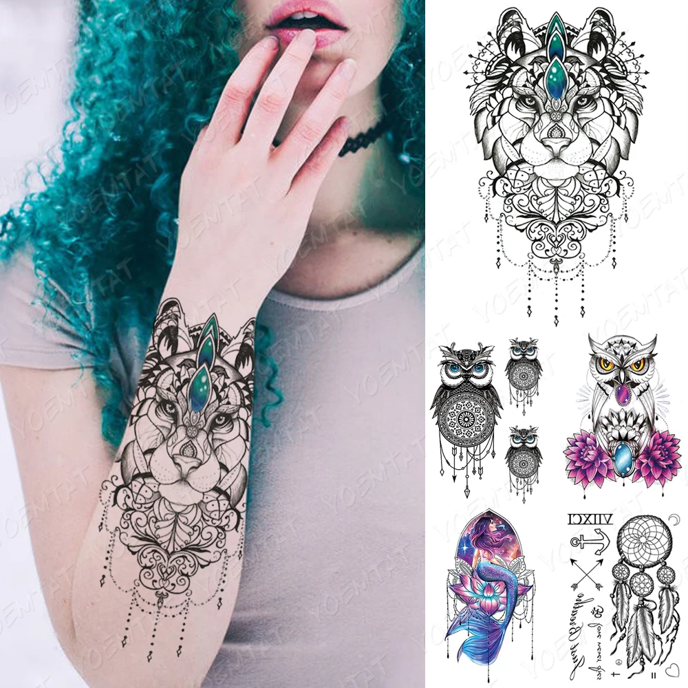 

Waterproof Temporary Tattoo Sticker Jewel Diamond Tiger Flash Tattoos Owl Lace Dream Catcher Body Art Arm Fake Tatoo Women Men