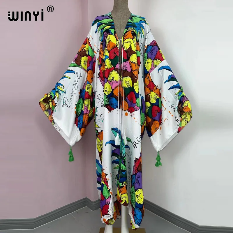 2021 WINYI new  Cotton Bikini Sweet Lady Pink Boho Print Self Belted Front Open Long Kimono Dress Beach Tunic Women Wrap Dresses