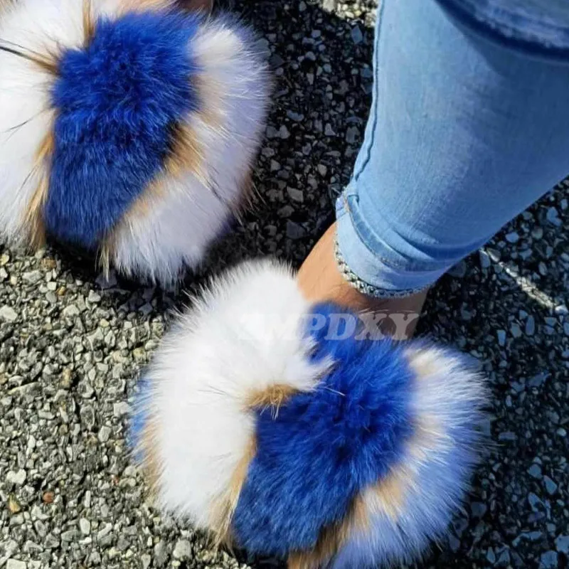 New Arrival Women Luxury Brand Fur Slippers Real Fluffy Fox Fur Slides Indoor Fuzzy Shoes Wholesale Large Size Furry Flip Flops