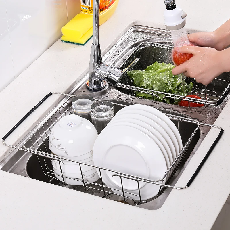 Sink Filter Kitchen Stainless Steel   Drain Vegetables and Fruits  Basket Suction Cup Sponge Shelf Storage Rack