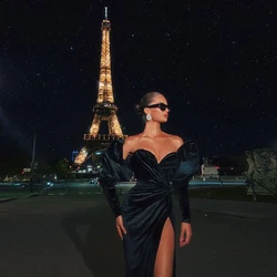 Velvet Charming Elegant Evening Dresses Off The Shoulder Puff Long Sleeves High Split Women Evening Pageant Gowns Custom Made