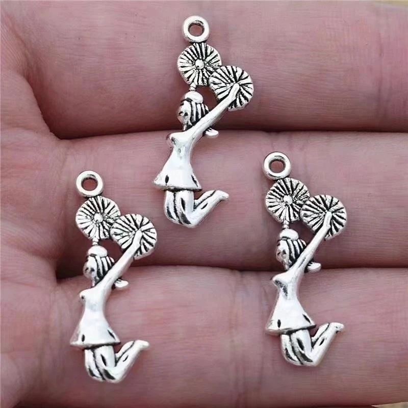 15X Antique Silver Color Cheering Cheerleader Cheer Girls Charms fit DIY Bracelet Necklace Jewelry Making Pendant 29x13mm