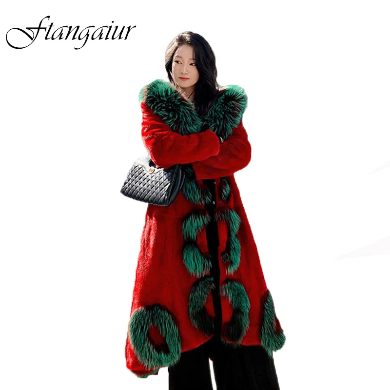 เสื้อโค้ทขนมิงค์นำเข้าฤดูหนาว ผ้ากำมะหยี่ แต่งขนฟ็อกซ์ที่ฮู้ด ลายขนมิงค์ สำหรับผู้หญิง ยาวพิเศษ ขนมิงค์แท้ธรรมชาติ