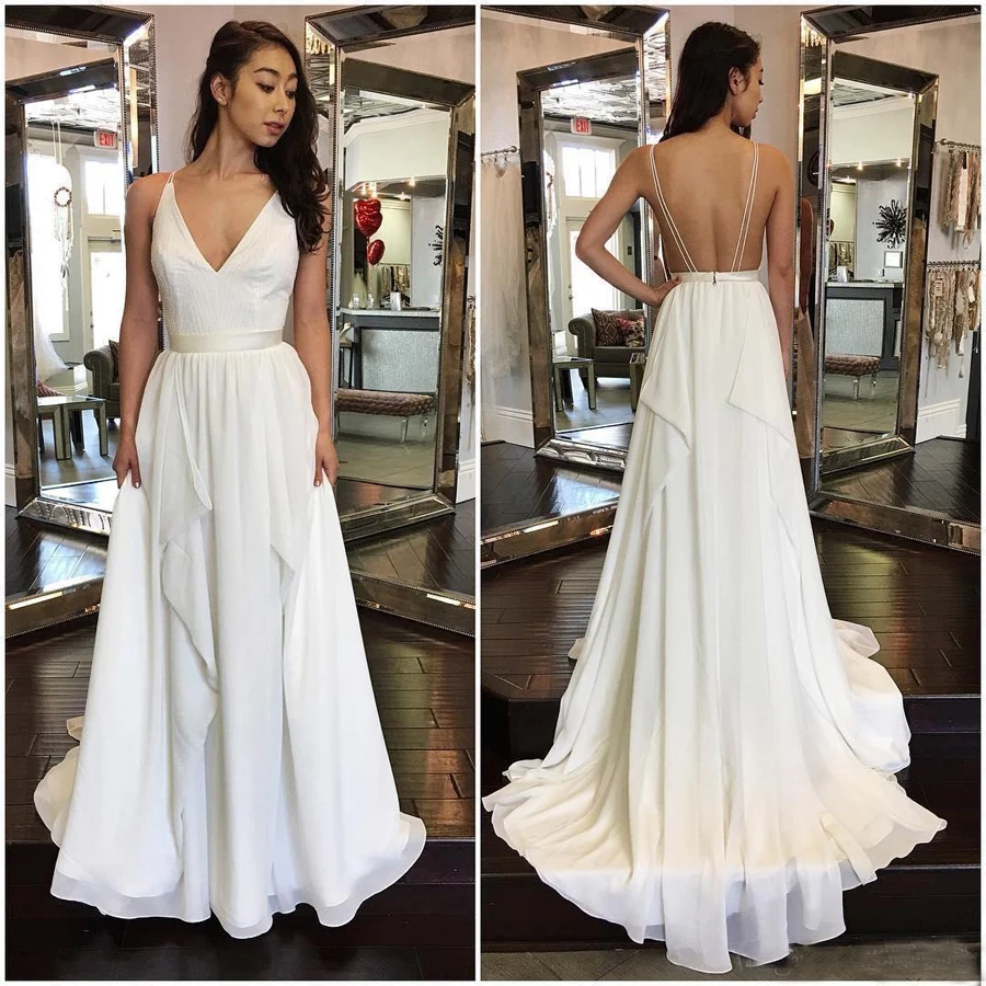 

Simple V-Neck A-line Chiffon Pleats Backless Long Prom Dresses robe de soiree Evening Party Dress