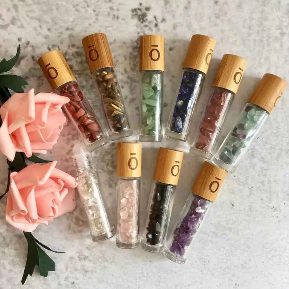 

10ml Essential Oil Bottles Roll On Roller Ball Healing Crystal Chips Semiprecious Stones Bottles Refillable Bottle bamboo cap