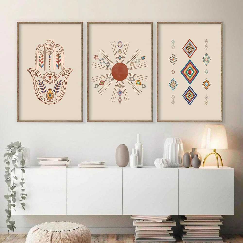 Moroccan Rug Art Painting Wall Pictures Sun Hamsa Hand Abstract Neutral Eclectic Canvas Art Prints Home Bohemia Poster Wall Deco