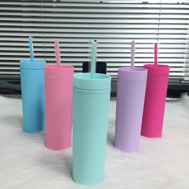 16oz Acrylic Skinny Tumblers With Lid Straws Plastic Tumbler Double Layer Portable Coffee Water Cup Christmas Gifts