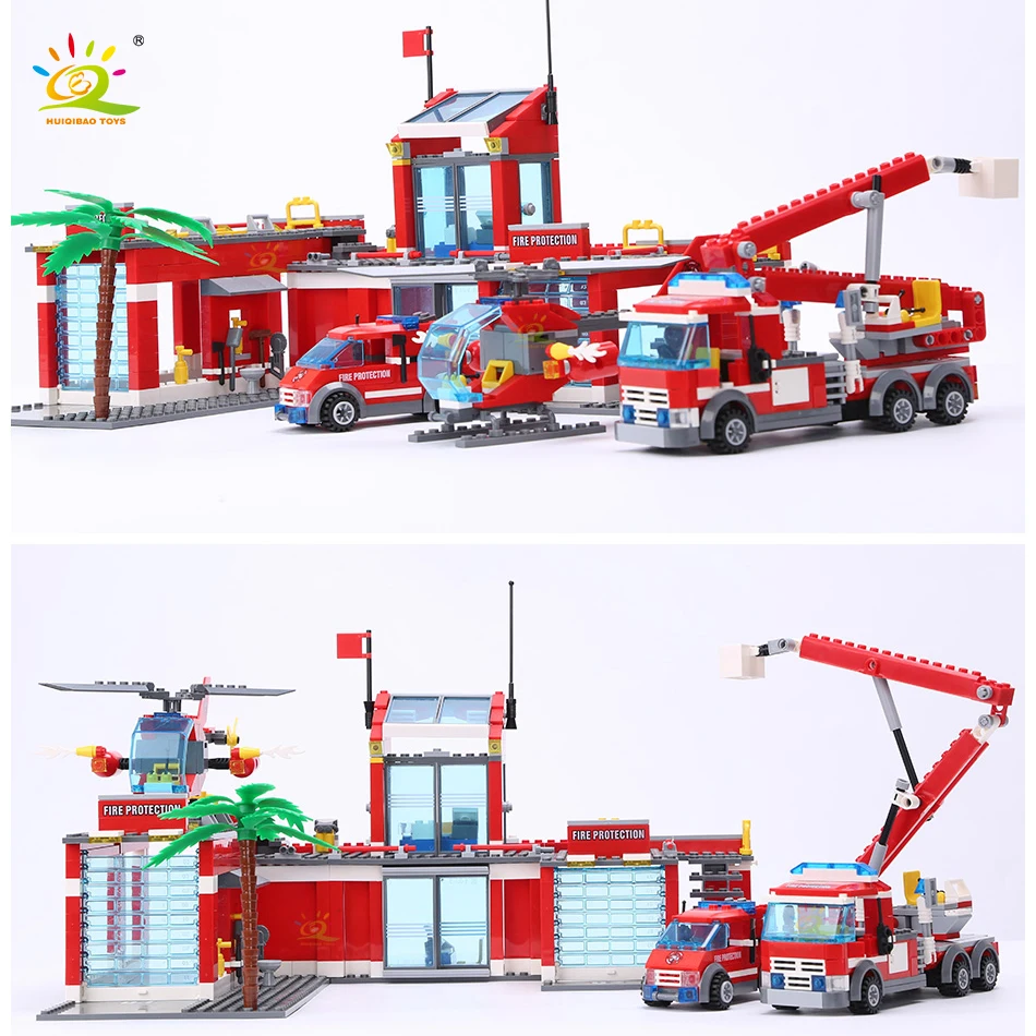 HUIQIBAO 774pcs City Fire Station Model Building Blocks Boys Firefighter Truck Educational Construction Bricks Toys For Children