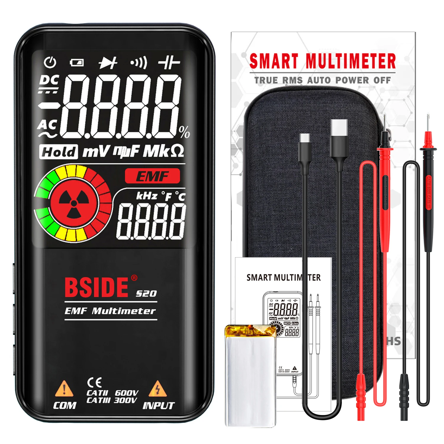 Digital Multimeter Color Display 9999 Count Auto Range Voltmeter Rechargeable with EMF Detector Capacitance Diode Tester