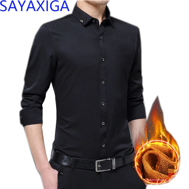 

2019winter Warm Fleece Shirt For Men Warm Thicken Velvet Long Sleeves Turn Down Collar Single Breasted Businessmen Tops Blouse5x