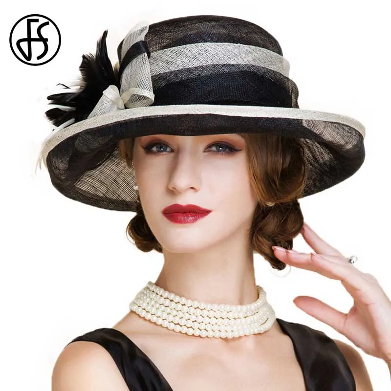 FS Black White Ladies Church Hats Women Elegant Sinamay Fascinators Hat Wedding Linen Fedora Wide Brim Floral Kentucky Derby Hat