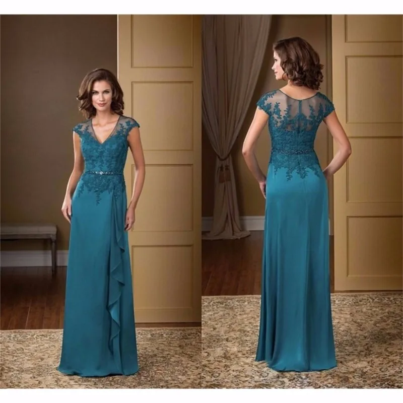 Elegante v pescoço boné manga mãe da noiva vestidos chiffon apliques mãe vestido plus size 2019