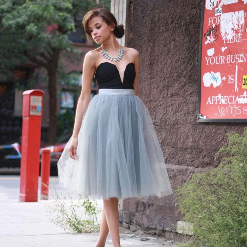 Jupe en tulle plissée taille haute pour femme, jupes mi-longues A-Line, tutu femme, école, soleil, 7 couches, 60cm