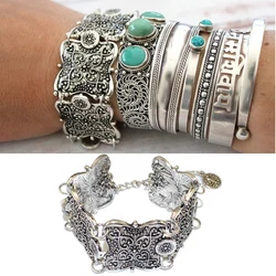 Gypsy Ethnic Square Flower Metal Carved Wide Bangles Tibetan Color Plated Coin Adjustable Bracelet Fashion Bangle Cuff Women