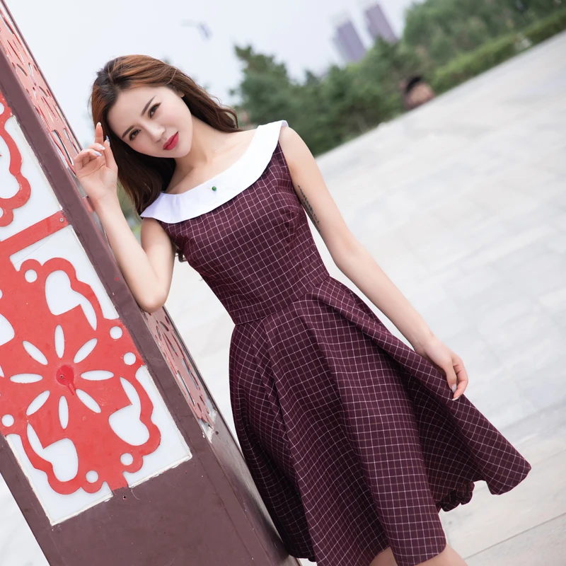 

Female Plaid Purple Dress Summer New Vintage Classic Plaid Collar Slim Puffy Large Swing Knee Length Rockabilly Pinup 50s 60s