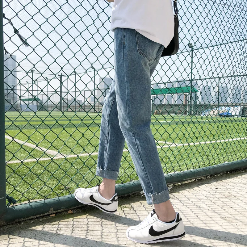 Denim Jeans Men's Spring Autumn Ripped Feet Ankle Length Pants Solid Color Straight Pants Beggar Pants Trendy Handsome Trousers