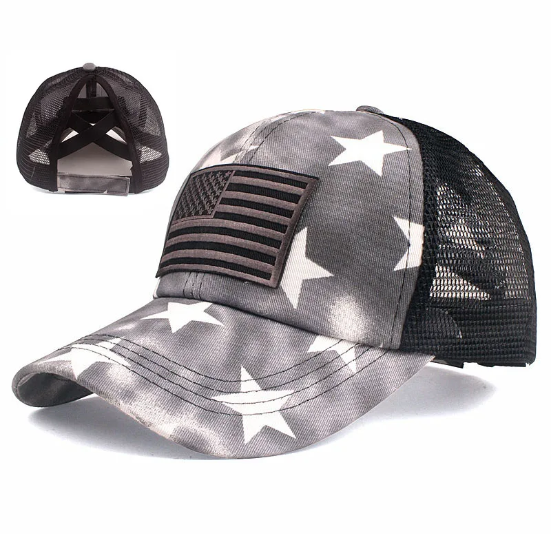 

Xthree Summer Ponytail Baseball Cap Mesh Hats For Women Girl Messy Bun Casual USA Flag Baseball Hats Gorras