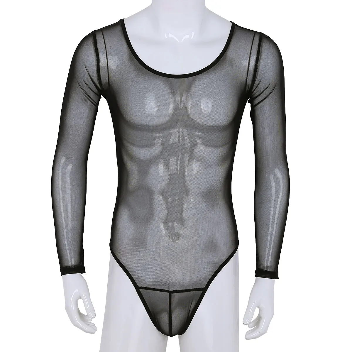 Mens See Through Underwear Mesh transparent thong Bodysuit Jumpsuit Long Sleeve Scoop Neck High Cut Bodysuit Lingerie Nightwear