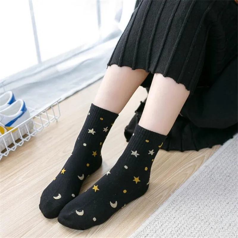 Harajuku Planet Point Yarn Funny Socks Japanese Creative Moon Stars Socks Women Warm Cute Novelty Femme Sokken Female Meias